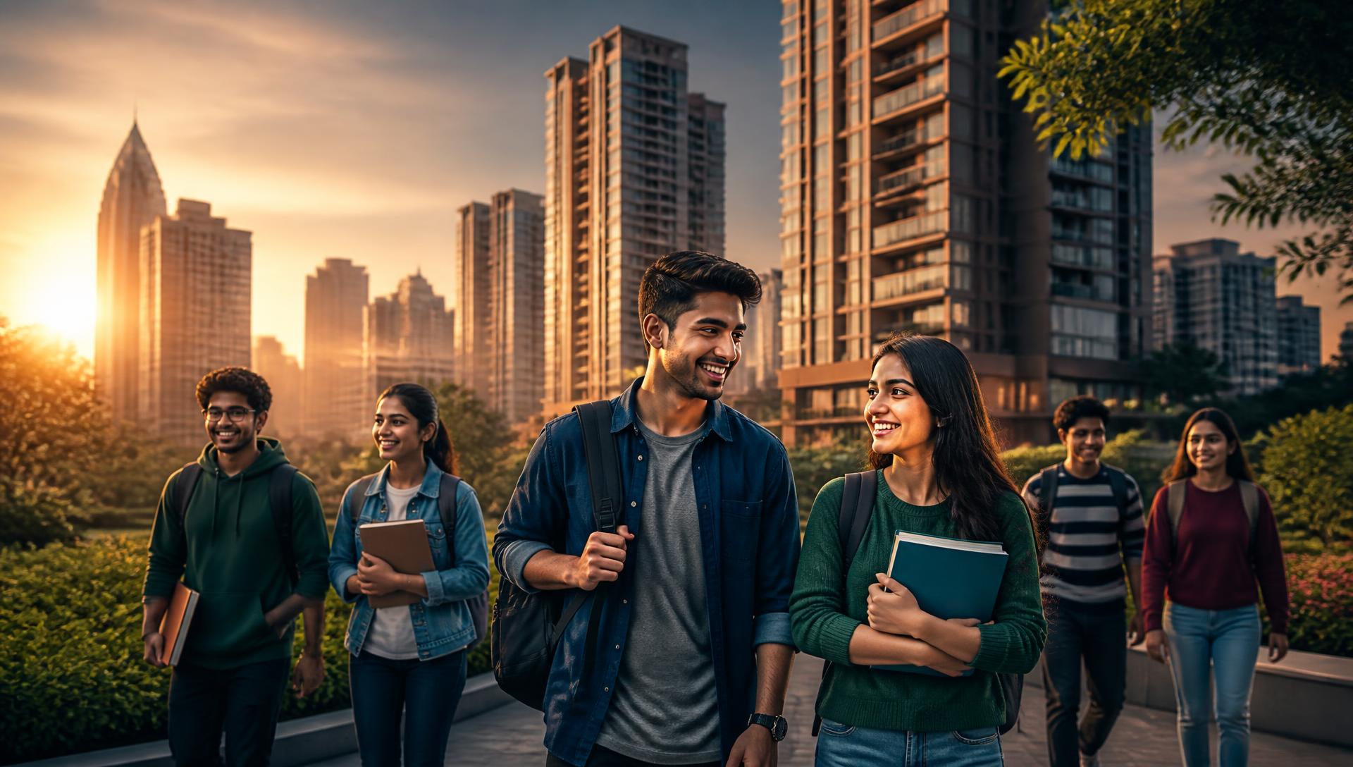 Modern apartment towers in Lucknow with students walking by at sunset
